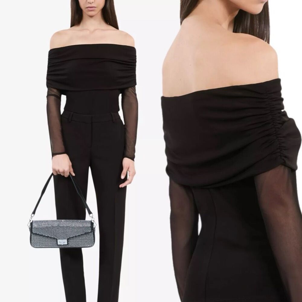 NWT The kooples off shoulders black top with mesh long sleeves Size French 0 (US